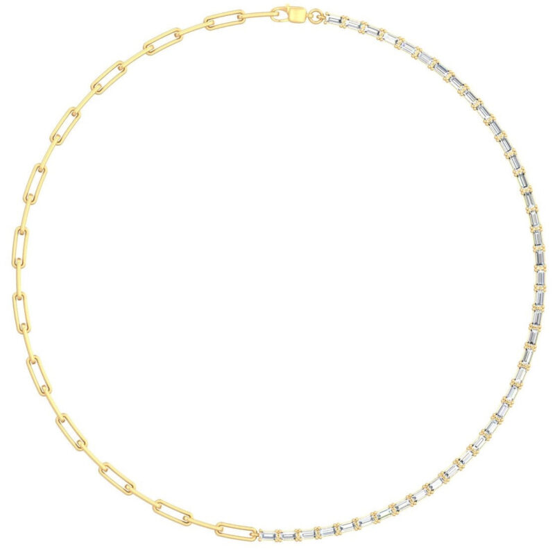 Gold Paperclip and Emerald Diamond Tennis Necklace