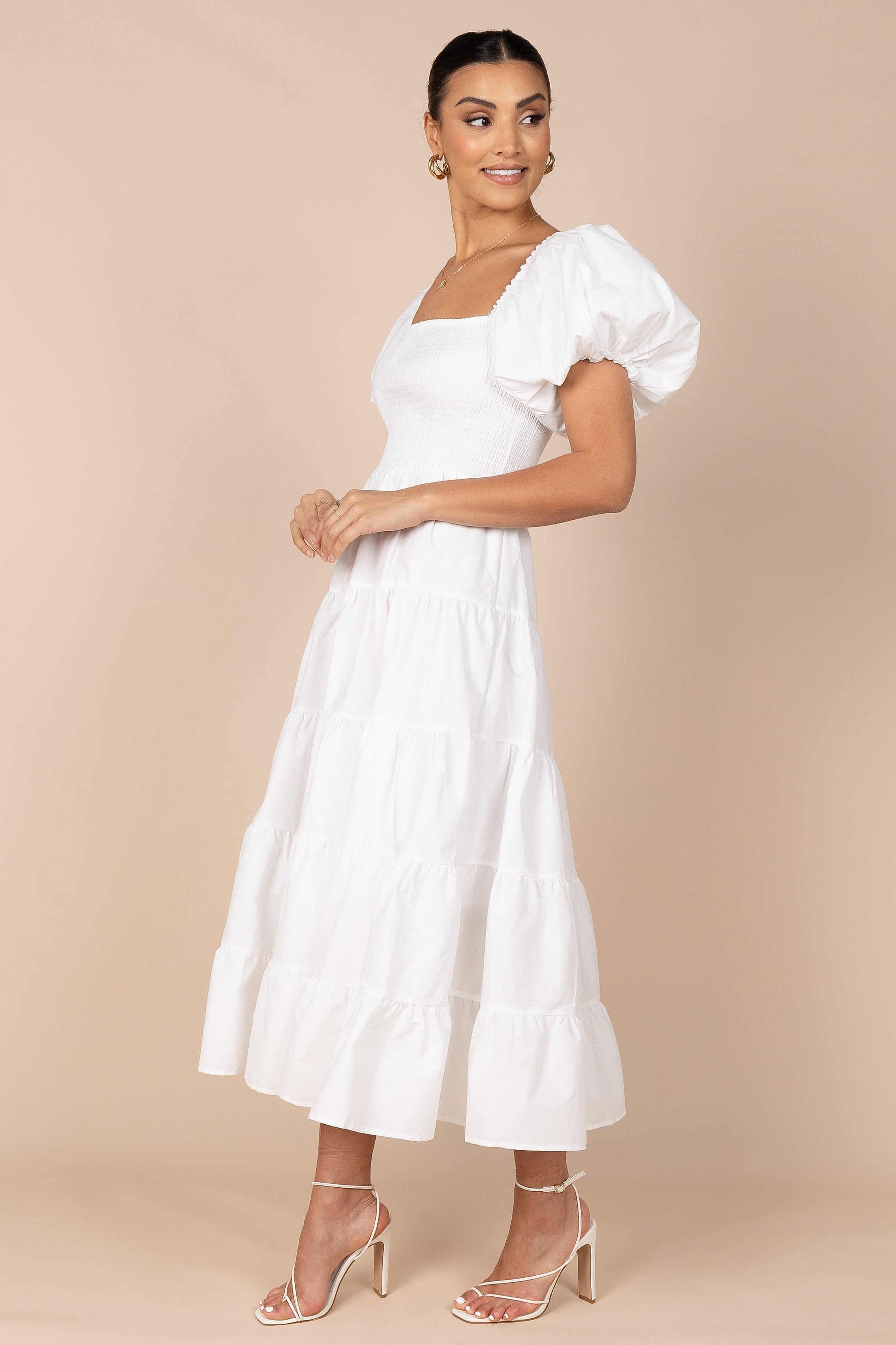 Annette Puff Sleeve Shirred Midi Dress - White - 图片 4