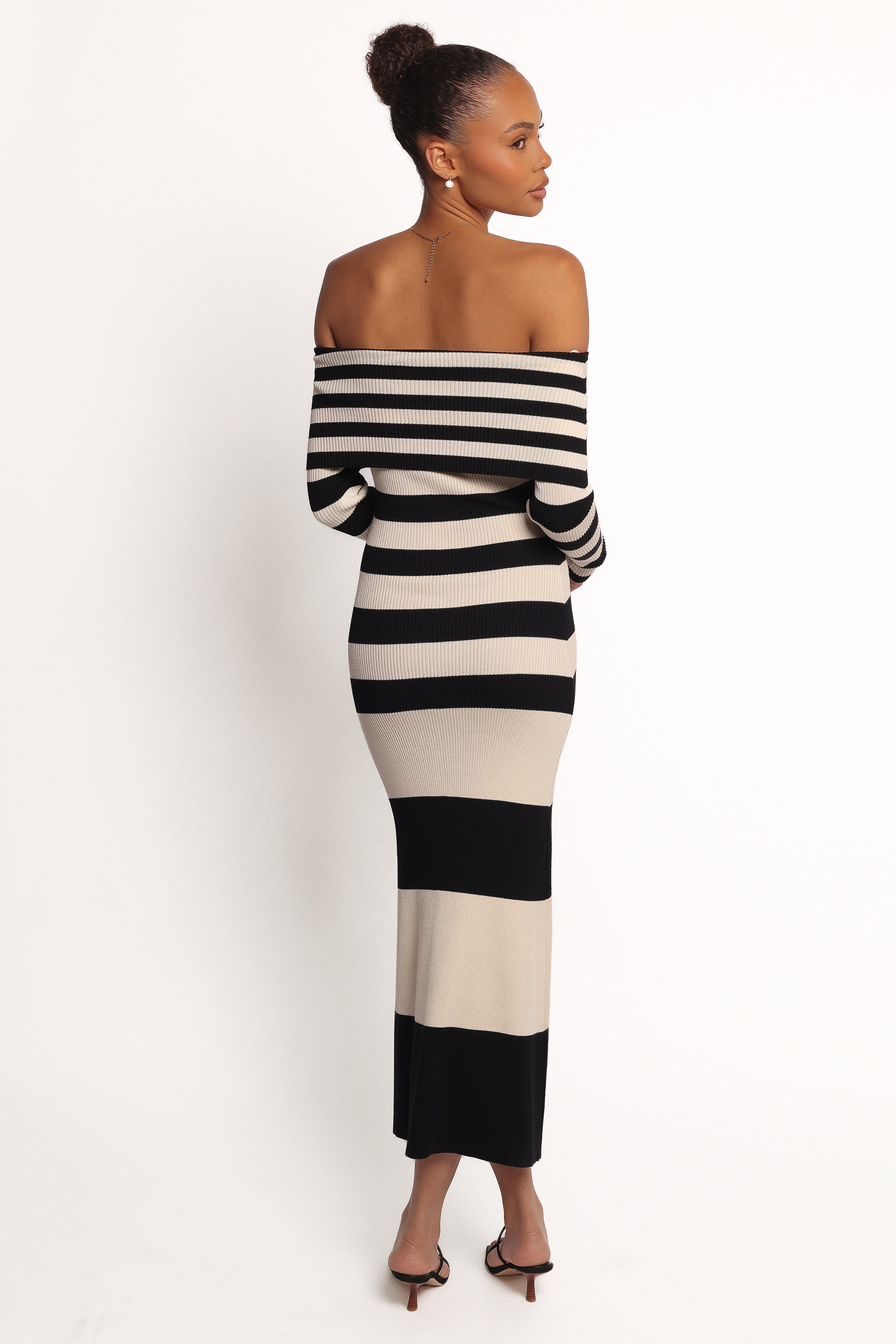 Banks Off Shoulder Knit Dress - Black Cream Stripe - Image 4