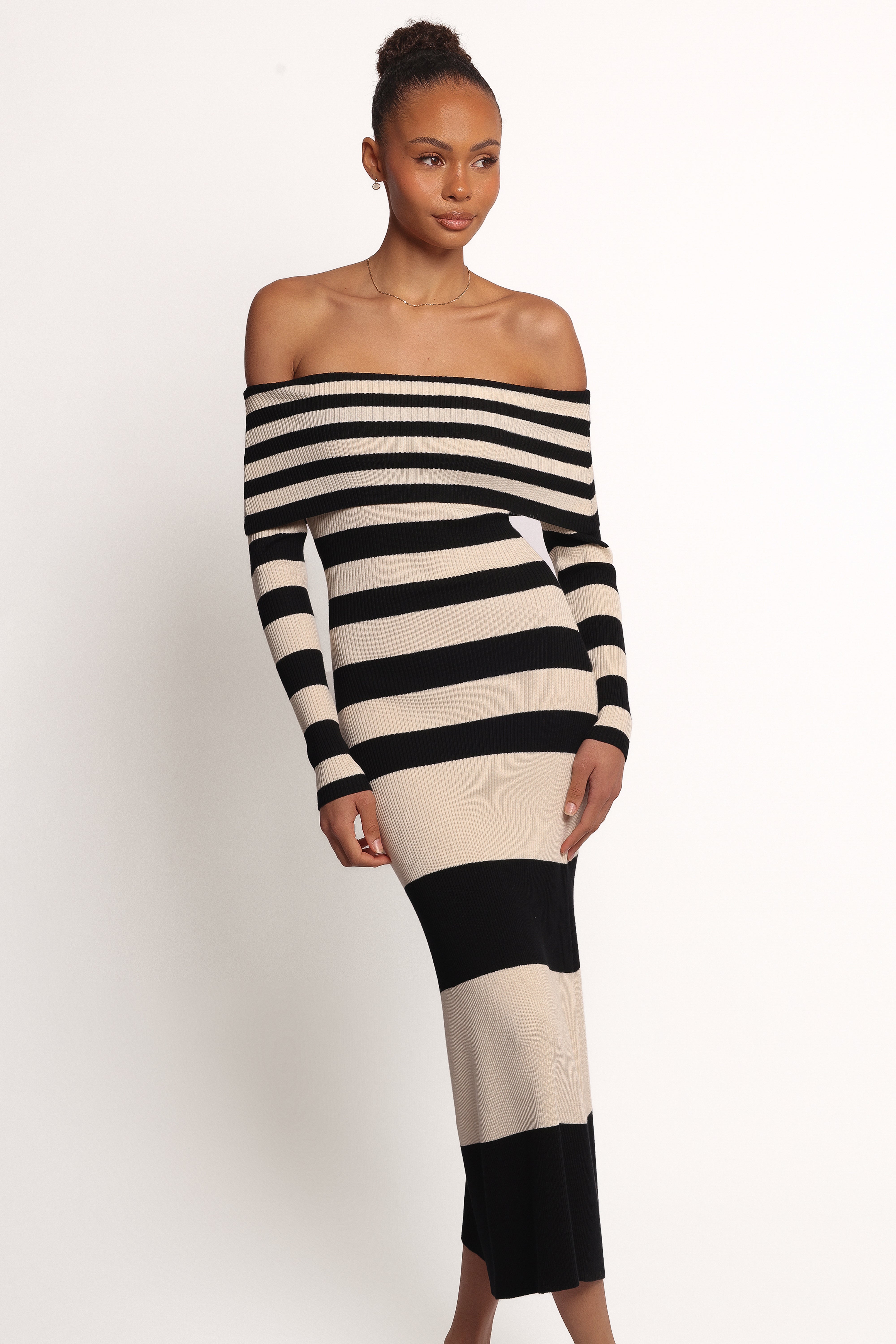 Banks Off Shoulder Knit Dress - Black Cream Stripe - Image 2