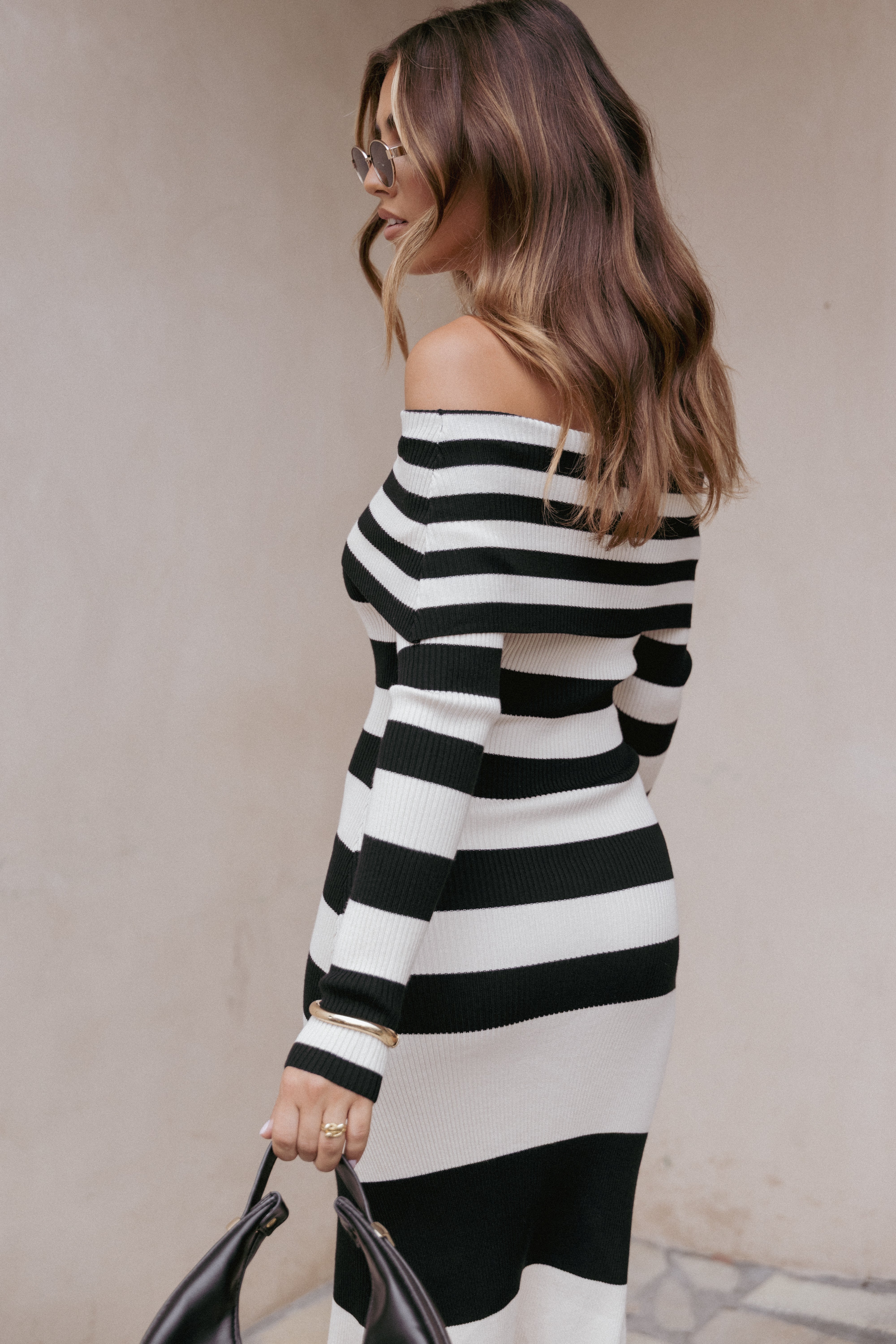 Banks Off Shoulder Knit Dress - Black Cream Stripe - Image 7