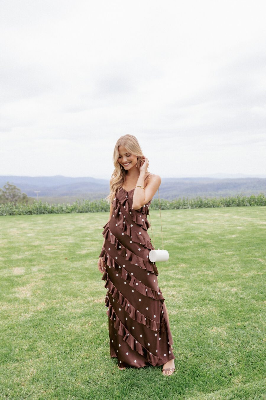 Ciao Ruffles Maxi Satin Dress - Brown Polka Dot