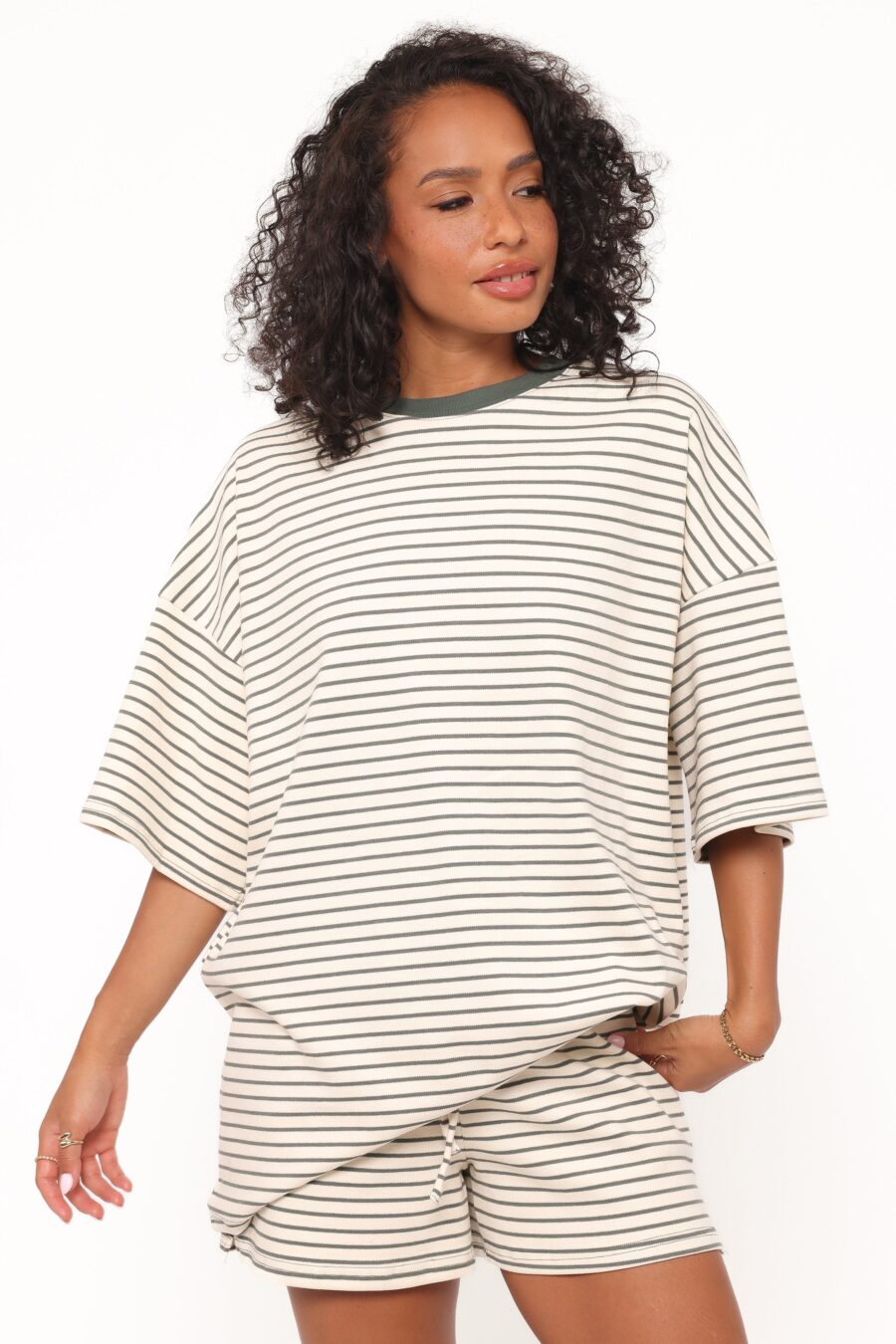 Hellen Stripe Short Set - Cream/Green Stripe